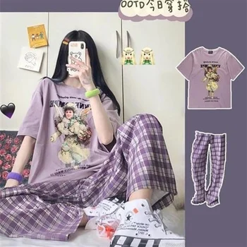 Coreeană Pijamale Femei Noi De Vara Drăguț Desen Animat De Imprimare Pijamale Fete Kawaii Carouri Pijamas Plus Dimensiune Sleepwear Seturi 2 Piese Costum Acasă
