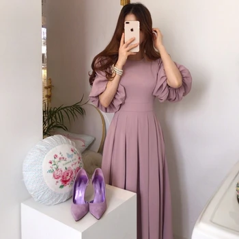 Coreeană Solid Casual Chic Eleganta pentru Femei Rochie de Vară 2021 Vestido de Înaltă talie Curele Felinar mâneci Cutat Rochie Lunga