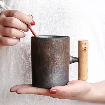 Creativ retro mâner de lemn cana cu lingura de uz casnic cana de ceai din ceramica lucrate manual gresie birou ceașcă de cafea în stil Japonez
