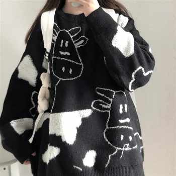 Crăciun Vaca Pulover Femei Haine Largi Tricotate Haine Kawaii Harajuku Trunchiate Jumper Topuri De Moda Coreeană Topuri Cu Maneci Lungi