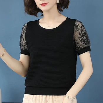 Dantelă De Moda Mozaic Maneci Scurte Subțire Tricotate T-Shirt Femei Casual Scurt Tricotaje Topuri 2021 Noi De Vara Solid Teuri De Sex Feminin