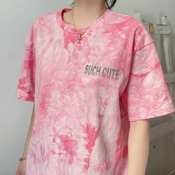 Darlingaga Liber Casual Roz Tie Dye Vara tricou Femei Reflectorizante Scrisoare de Imprimare de Top Tricou Harajuku Supradimensionat tricou 2021