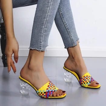 De lux Slide-uri de Femei 7cm Tocuri inalte Catâri Fetish Pompe Individuale Țese Agrement Albastru Birou Doamnelor Bal Papuci de Femei Pantofi