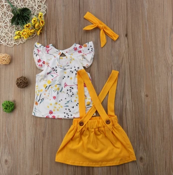 De vară pentru Copii Fete Copii din Bumbac Tricou Florale Topuri+Curea Rochie Fusta Costume de Haine Marimea 1-5T
