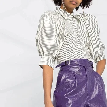 De înaltă Calitate 2021 Vara Femei Nou Stil Manșon de Puf Rever cu Dungi Casual Confortabil Respirabil Temperament Tricou