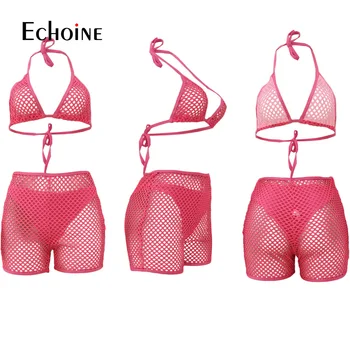 Echoine Gol sexy grilă 3 Piece Set de Bikini Femei costum de Baie Halter Top și pantaloni Scurți de Înaltă Talie Plajă Purta Costume de baie Costum de Baie