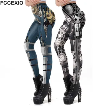 FCCEXIO Parte din Seria Mecanică de Viteze Model 3D de Imprimare Sexy Plus Dimensiune Leggins Casual Antrenament de Fitness Pantaloni Punk Abur Legging