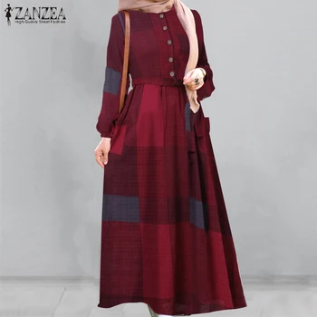 Femei 2021 Noua Moda de Toamna Elegant Musulman Rochie Lunga ZANZEA Retro Carouri cu Maneci Lungi Butonul Centura de Talie Dubai Abaya Caftan
