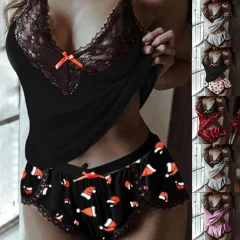 Femei Dantelă Set de Lenjerie Sexy pentru Femei Lenjerie de corp Deep-V Bretele pantaloni Scurți Set Set de Lenjerie fără Mâneci Trim Bowknot Pijamale ShortSet