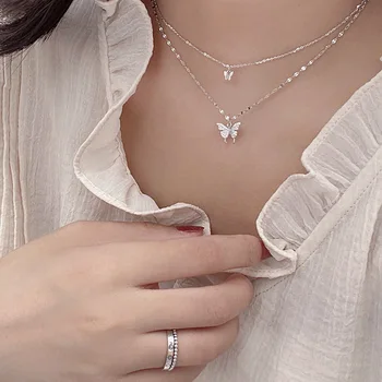 Femei de moda de Argint 925 Flash Diamond Fluture Dublu-Strat Coliere pentru Fata de Nunta, Cadou de Bijuterii Accesorii