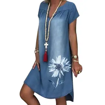 Femei de moda de Rochii de Vara cu Maneci Scurte Crizantema de Imprimare Neregulate Tiv Vrac Rochie Denim платье летнее 2021