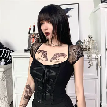 Femei De Moda De Stradă Sexy Dantelă Panglică Cruce Curea Rock, Rap, Hip-Hop Tricou Retro Fete Stil Gotic Negru T-Shirt, Blaturi De Îmbrăcăminte