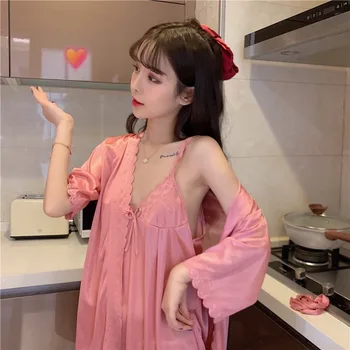 Femei Halat Rochia Seturi De Vară Solid Elegant Dantela Sexy Eșarfe Pijamale Femei Respirabil Curea Stil Coreean De Agrement Chic Homewear