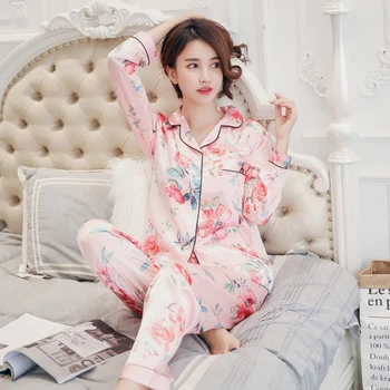 Femei Plus Dimensiune Faux Mătase 2 Bucata Set De Pijama Cu Maneci Lungi V-Neck Butoanele De Sus Pantaloni Dulce Floral Print Lounge Sleepwear