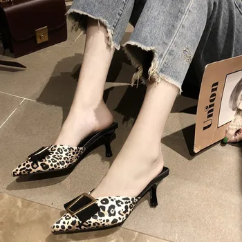Femei Sandale cu Toc Subliniat Toe Leopard Moda Doamnelor Papuci de casă PU pentru Femei Pantofi Casual Femei Slide-uri de Încălțăminte Pompe
