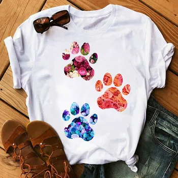 Femei T Shirt Desene animate Topuri Colorate Inimă de Câine Laba de Imprimare T-shirt de Vara pentru Femeie T-shirt ' 90 Fete Maneci Scurte Tee Negru T-shirt