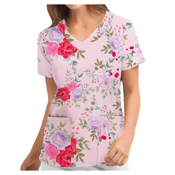 Femei V-Neck Printed Scrub de Sus, cu Buzunare Salon de Înfrumusețare Spa Uniformă Maneca Scurta Bluza Floral Print Tunica Îngrijitor de Lucru A50