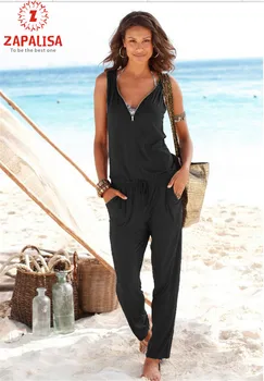 Femei Vara Culoare Solidă Pantaloni Lungi Cordon De Proiectare Fermoar Buzunare Decor V-Neck Fără Mâneci Mijlocul Talie Liber Casual Salopete