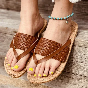Femei Țesute Papuci Doamnelor Casual, Sandale Plate 2021 Femei de Vară pe Plajă papuci Femei din Piele PU Pantofi Open Toe Sandale