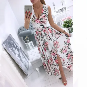 Femeile Vară Fără Mâneci Șifon Maxi Rochie Sexy V Adânc Gât Imprimeu Floral Tunica Split Elegant Petrecere De Vacanță Pe Plajă Rochii De Halat