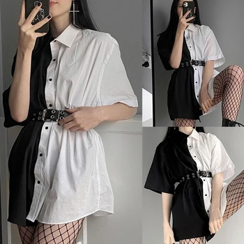 Femeile Întuneric Gotic Jumătate Maneca Rever Bluza Rochie Alb Negru Culoare Bloc Butonul De Jos Supradimensionate Liber Harajuku Tunica Topuri