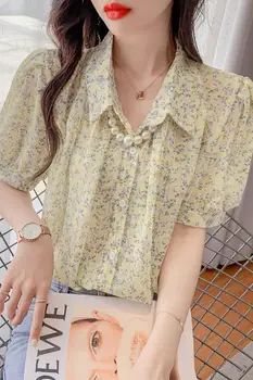 Franceză Retro Șifon Florale Bluza pentru Femei de Vară 2021-coreeană Stil de Design de Agrement Scurt Mâneci Bluza Super Zână Dulce Topuri