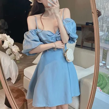 Hilardwf Sexy-O bucată de Rochie Albastru Stil coreean Bretele 2021 Vara Dulce franceză Mini Femei Casual Curea Femei Rochii de Petrecere