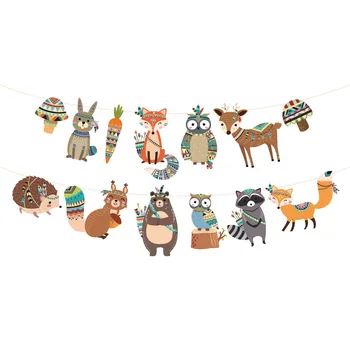 Iepure, Vulpe, Bufnita Raton Bunting Indian Animale Sălbatice Fericit Banner Ziua de nastere pentru Woodland Petrecere de Aniversare pentru Copii Copil de Dus Decor