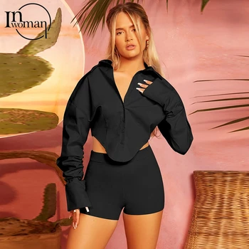 INWOMAN Plaja Vara Maneca Lunga Crop Top pentru Femei Tricou asimetric Rever Tricouri Sexy Clubwear Solid Bodycon T-Shirt Sim 2021
