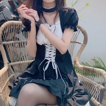 Japoneze Moale Sora Drăguț Lolita Rochie Femei Victorian Gotic Manșon De Puf Subțire Rochie De Petrecere Retro Întuneric Fete Bandaj Menajera Rochii