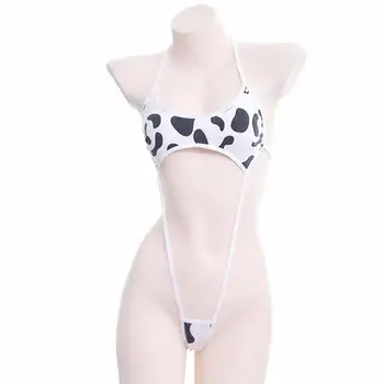 Kawaii Alb-Negru Imprimare de Vacă Mini cu Spatele gol-O singură Bucată Micro Bikini Salopeta Sex Erotic Costume Body pentru Femei Lenjerie Sexy