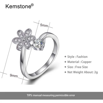 Kemstone Creative Deschide Inel de Cupru Cubic Zirconia Placat cu Argint Floare Inel Reglabil de Bijuterii pentru Femei