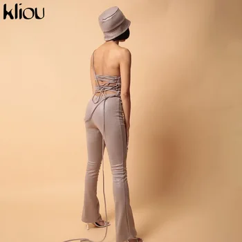 Kliou Bandaj PU Piele Faux Două Seturi de Piese Femeile 2021 Sexy Backless Topuri +Pantaloni Drepte Streetwear Solid Tinutele Casual Fierbinte
