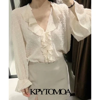 KPYTOMOA Femei 2021 Moda Cu Ciufulit Șifon Bluze Vintage Maneca Lunga, Mansete Elastice Feminin Tricouri Blusas Topuri Chic