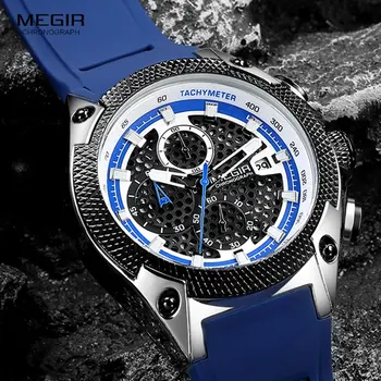 MEGIR Ceasuri de Lux Barbati Albastru Curea Silicon Cuarț Ceas de mână de Om Brand de Top Militare Ceas Cronograf Relogios Masculino 2127