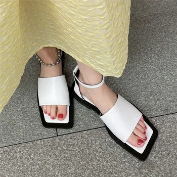 MILI-MIYA Brand Design Confortabil Plat Vara Doamnelor Sandale de Vacă din Piele Cataramă Curea Glezna Fashion Square Toe Pantofi Tendință Rosu Negru