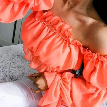 Moda Femei Șifon Cămașă De Vară De Pe Umăr Maneca Lunga Liber Casual Bluza De Corp Topuri Solid Zburli Tricou