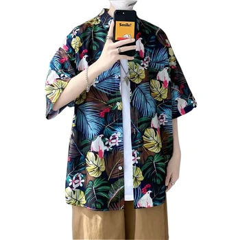 Moda japoneză Casual Imprimat Scurt, Bluze cu maneca Topuri 2021 New Sosire Plajă Sălbatică combinezon homme Hawaiian Tricouri Barbati