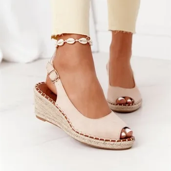 Moda Peep Toe Sandale Femei Tocuri Inalte 2021 Vara Platforma Wedge Culoare Solidă De Cânepă Toc Doamnelor Sandale De Plaja Streetwear