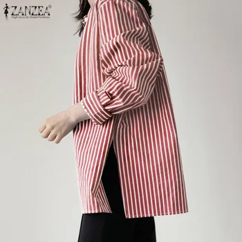 Moda ZANZEA Femei Elegante cu Maneca Lunga Bluza Casual Rever Gât Split Tiv Tricou cu Dungi de Primăvară Butonul Topuri Tunica Blusas Mujer