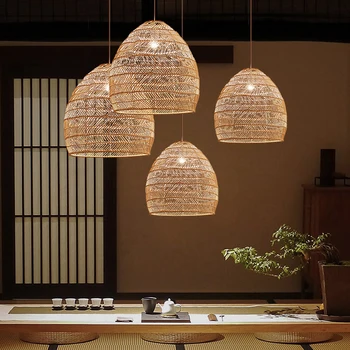 Modern Țesute manual din Bambus Pandantiv cu LED-uri Vintage Camera de zi Lampa de Mese Cafenea Decor Acasă Industriale Corpuri de Iluminat