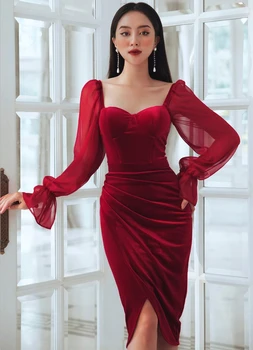 New Sosire Femei De Primăvară Stil Sexy Cu Maneci Lungi Din Catifea Roșie Midi Rochie Doamnă 2021 Elegant Petrecere De Seara, Rochie De Club Vestidos
