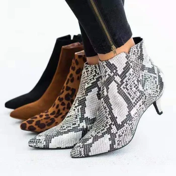 NEW Women's Ankle Boots Leopard Women Pointed Toe Ladies Chunky High Heel Female Shoes Woman Footwear Plus Size 36-43 Snake