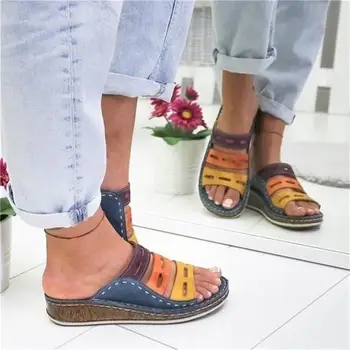 Noi De Vara Femei Papuci De Pană Femei Pantofi Retro Împletit Scăzut Plaja Deschide Peep Toe Sandale Cu Platforma Diapozitive Femeie Pantofi 2021