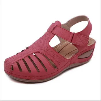 Noi Vara Retro Femei Pantofi Romane Gaura Gol Sandale de Mari Dimensiuni Rotund Toe Panta cu Velcro Sandale
