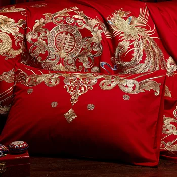 Nou Lux Rosu de Bumbac de Aur Phoenix Loong Broderie Nunta Chineză Set de lenjerie de Pat Duvet Cover lenjerie de Pat Cuvertura de pat fețe de Pernă