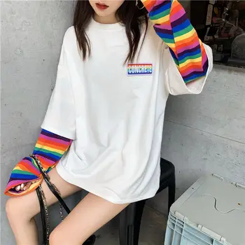 NOUA Toamna rainbow stripe fals din două piese cu mâneci lungi t-shirt femei vrac ins tricou primăvara și toamna pe sfarsite tricou