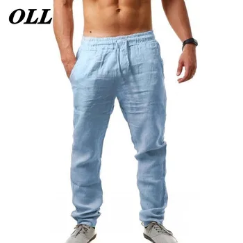 Nowe najwyższej jakości męskie letnie spodnie na co dzień naturalne bawełniane spodnie lniane białe lniane w pasie proste męskie