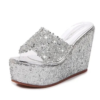Peep Toe cu Toc Sandale Pană 2021 Vara Noi cu Paiete, Pantofi pentru Femei de Moda Casual, Aur, Argint Strălucitoare Stras Femei Papuci