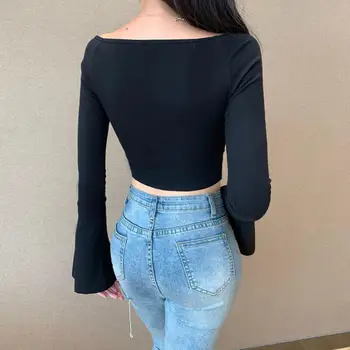 Primavara Toamna femei CropTop Lungi Evazate Maneca negru bluza pentru femei scurte Crop Top pentru femei Slim Streetwear